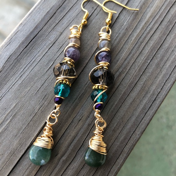 Handmade Celtic Moonstone Amethyst Gemstone Beaded Dangle Earrings - Picture 3 of 12